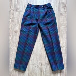 Vintage 100% pure new wool Plaid preppy pleated Men's statement dress Pants
